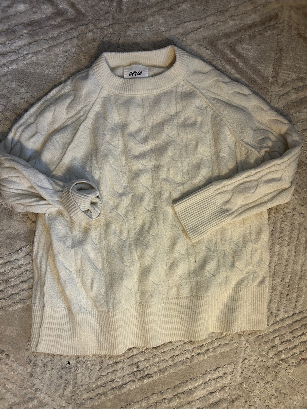 aerie Ivory Cable Crewneck Sweater